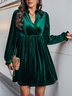 Women's Long Sleeve Spring/Fall darkgreen Plain V Neck Holiday Going Out Casual Mini H-Line Dress