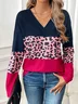 Women's Long Sleeve T-shirt Spring/Fall Rose Red Color Block Jersey V Neck Daily Going Out Casual Top