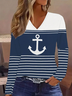 Women's Anchor Stripe Print Casual V-Neck Long Sleeve Casual T-Shirt