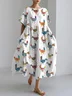 Funny Farm Chicken Embroidery Pattern Linen Blend Casual Dress With No Belt