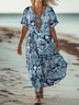 Women's Short Sleeve Paisley Printing V Neck Casual Maxi T-Shirt Dress