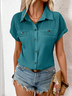 Women's Short Sleeve T-shirt Summer Blue Plain Shawl Collar Daily Going Out Casual Top