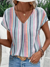 Women's Striped Print Casual V-Neck Short Sleeve T-Shirt