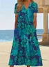 Women's Short Sleeve Summer Cyan Floral Printing V Neck Daily Going Out Casual Maxi H-Line Fit & Flare Dress Dress