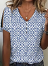 Women's Geometric Print Pearl Button V-Neck Short Sleeve T-Shirt
