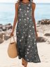 Crew Neck Vacation Floral Cotton Dress With No