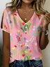 V Neck Loose Floral Casual T-Shirt