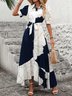 Women's Short Sleeve Summer Navyblue Floral Split Joint V Neck Puff Sleeve Daily Going Out Casual Maxi A-Line Shirt Dress Dress