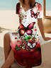 Women's Short Sleeve Summer Wine Red Floral Printing V Neck Daily Going Out Casual Midi A-Line Fit & Flare Dress Dress