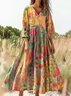 Women's Bohemian Floral Print Flowy Cotton Crew Neck Dress
