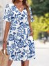 Floral V Neck Casual Cotton Dress With No