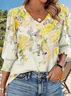 V Neck Casual Floral Cotton T-Shirt
