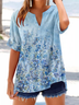 Women's Short Sleeve Shirt Summer Blue Floral Printing V Neck Daily Going Out Casual Top