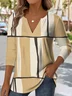 Elegant Commuter Striped Patchwork Pattern Print V-Neck Long-Sleeved T-Shirt