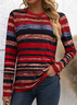 Women's Long Sleeve T-shirt Spring/Fall Red Striped Printing Jersey Crew Neck Daily Going Out Casual Top