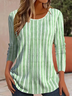 Women's Long Sleeve T-shirt Spring/Fall Green Striped Printing Jersey Crew Neck Daily Going Out Casual Top
