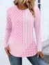 Women Casual Color Block Spring/Fall Cotton Micro-Elasticity Daily Crew Neck A-Line Regular T-shirts