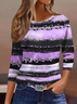 Women's Three Quarter Sleeve T-shirt Spring/Fall Purple Striped Crew Neck Daily Going Out Casual Top
