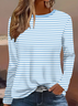 Women's Long Sleeve T-shirt Spring/Fall Blue Striped Printing Jersey Crew Neck Daily Going Out Casual Top