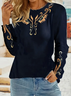 Women's Long Sleeve T-shirt Spring/Fall Black Ethnic Printing Jersey Crew Neck Daily Going Out Casual Top