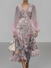 Vacation V Neck Gradient Pattern Puff Sleeve Regular Fit Dress