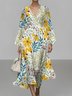 Regular Fit Floral Puff Sleeve Street V Neck Dress