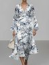 Regular Fit V Neck Puff Sleeve Vacation Dress