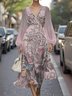 Vacation V Neck Gradient Pattern Puff Sleeve Regular Fit Dress