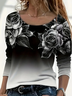 Women's Long Sleeve T-shirt Spring/Fall Black Floral Printing Jersey Crew Neck Daily Going Out Casual Top