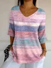 Women's Three Quarter Sleeve T-shirt Spring/Fall Pink Abstract Stripes Printing V Neck Daily Going Out Casual Top