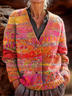 Women's Retro Geometric Pattern V-Neck Cardigan Casual Comfort Regular Sweater Jacket