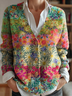 Women's Geometric Floral Pattern V-Neck Cardigan Casual Comfort Regular Sweatshirt Jacket