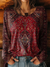Women's Long Sleeve T-shirt Spring/Fall Wine Red Ethnic Printing Jersey Crew Neck Daily Going Out Casual Top