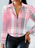 Women's Long Sleeve Shirt Spring/Fall Pink Plaid Buckle Shirt Collar Regular Sleeve Daily Going Out Casual Top