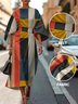 Dolman Sleeve Crew Neck Gradient Pattern Vintage Dress With Belt