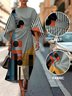 Regular Fit Casual Geometric Crew Neck Dolman Sleeve Dress With Belt