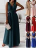 Women's Sleeveless Summer darkgreen Plain Split Joint V Neck Daily Going Out Vintage Maxi A-Line Tank Dress