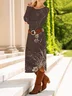 Women's Long Sleeve Spring/Fall Brown Floral Crew Neck Daily Going Out Casual Midi A-Line T-Shirt Dress Dress