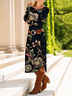 Women's Long Sleeve Spring/Fall Black Floral Crew Neck Daily Going Out Casual Midi A-Line T-Shirt Dress Dress