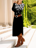 Women's Long Sleeve Spring/Fall Black Floral Crew Neck Daily Going Out Casual Midi A-Line T-Shirt Dress Dress