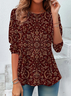 Women's Long Sleeve T-shirt Spring/Fall Crimson Floral Jersey Crew Neck Daily Going Out Casual Top