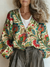Casual Loose V Neck Floral Cardigan