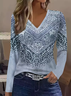 Women's Long Sleeve T-shirt Spring/Fall Blue Abstract Printing Jersey V Neck Daily Going Out Casual Top