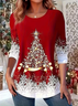 Women's Long Sleeve T-shirt Spring/Fall Red Christmas Jersey Crew Neck Daily Going Out Casual Top
