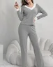 Regular Fit V Neck Simple Plain Two-Piece Set