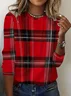 Women's Long Sleeve T-shirt Spring/Fall Red Plaid Printing Jersey Crew Neck Daily Going Out Casual Top