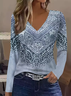 Women's Long Sleeve T-shirt Spring/Fall Blue Abstract Printing Jersey V Neck Daily Going Out Casual Top
