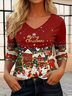 Women's Long Sleeve T-shirt Spring/Fall Red Christmas Snowman Printing Jersey V Neck Daily Going Out Casual Top