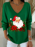 Women's Long Sleeve T-shirt Spring/Fall Green Christmas Printing V Neck Daily Going Out Casual Top