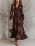 Retro Vacation Print Long-Sleeved V-Neck Fitted Waist Puff Sleeve Maxi Dress